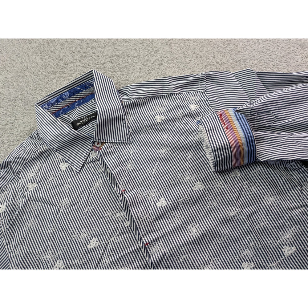 Bugatchi Uomo Mens Large Navy White Striped Floral Embroidered Button Down Shirt